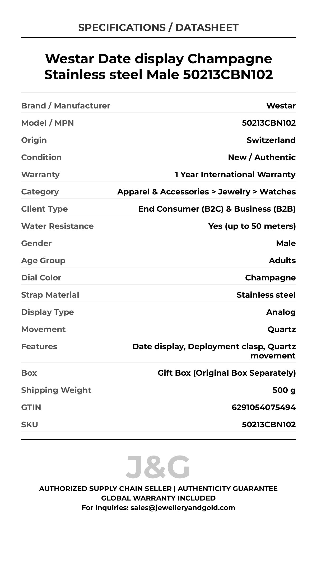 Westar Date display Champagne Stainless steel Male 50213CBN102 - Specifications