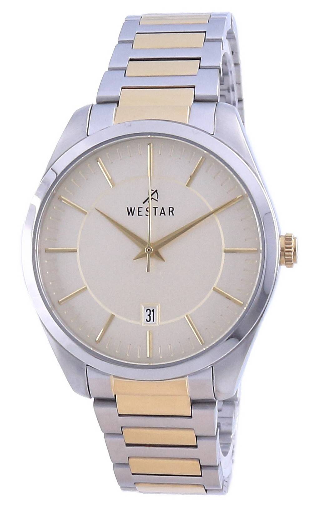 Westar Date display Champagne Stainless steel Male 50213CBN102. A brand-new Westar watch featuring a Champagne dial and a Stainless steel strap. Angled view.