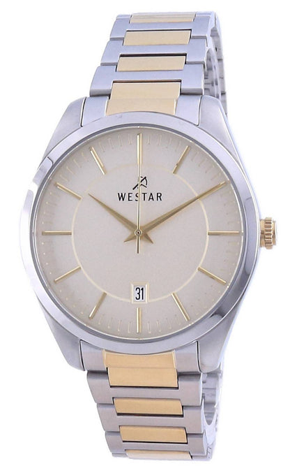 Westar Date display Champagne Stainless steel Male 50213CBN102. A brand-new Westar watch featuring a Champagne dial and a Stainless steel strap. Angled view.