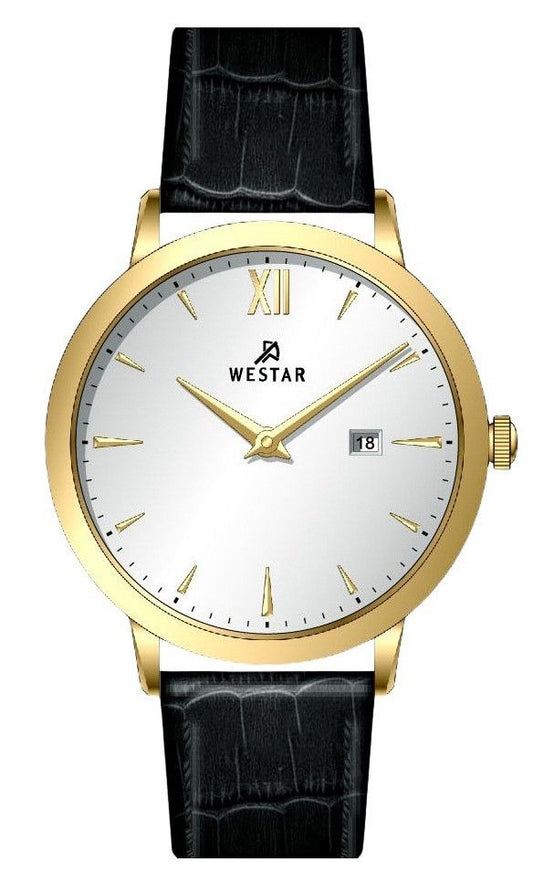 Westar Profile Date display Silver Leather Male 50214GPN107. A brand-new Westar Profile watch featuring a Silver dial and a Leather strap. Angled view.