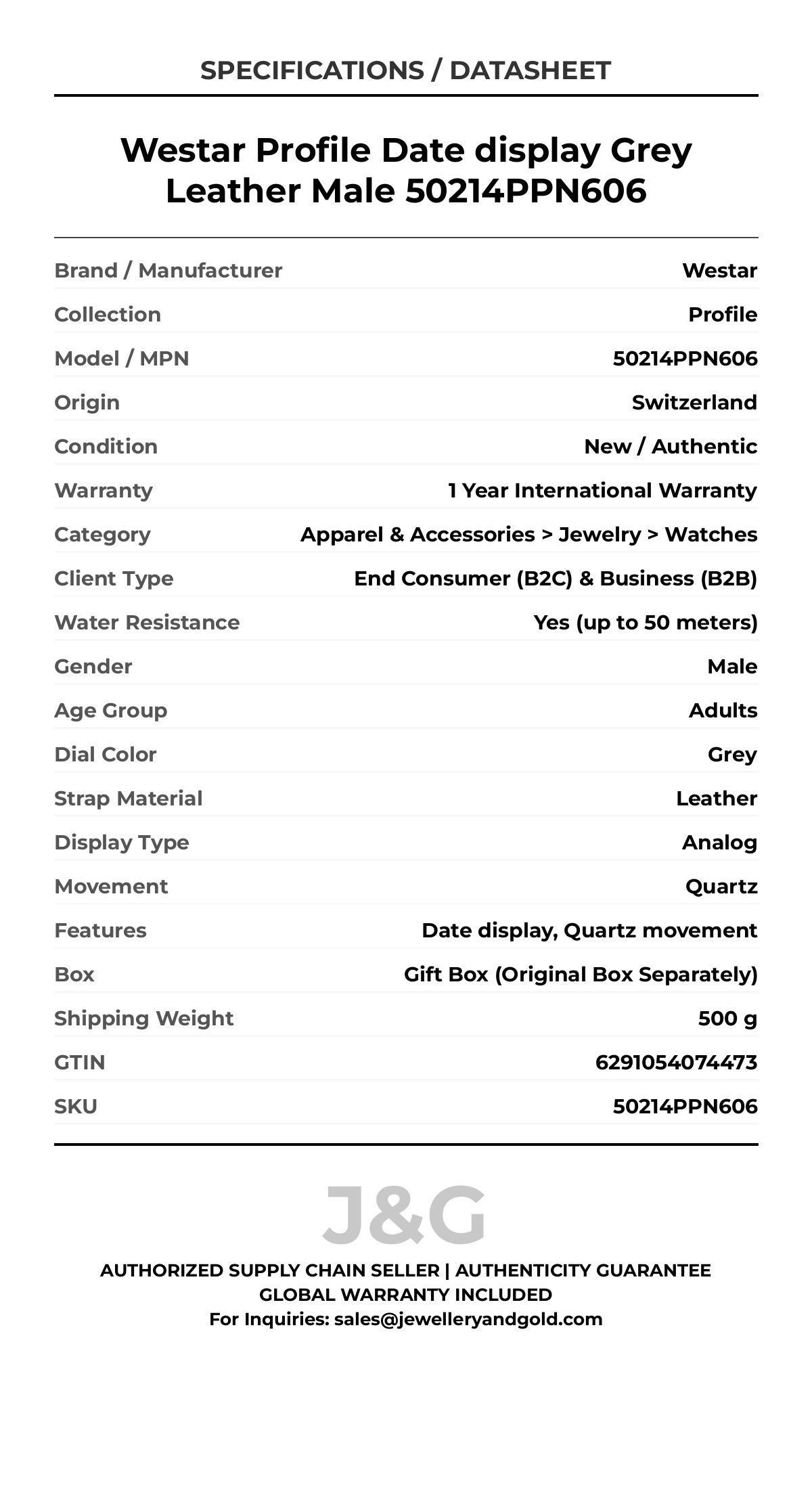 Westar Profile Date display Grey Leather Male 50214PPN606 - Specifications
