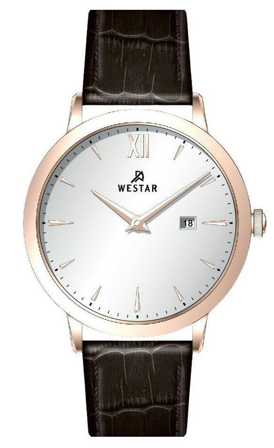 Westar Profile Date display Silver Leather Male 50214PPN627. A brand-new Westar Profile watch featuring a Silver dial and a Leather strap. Angled view.
