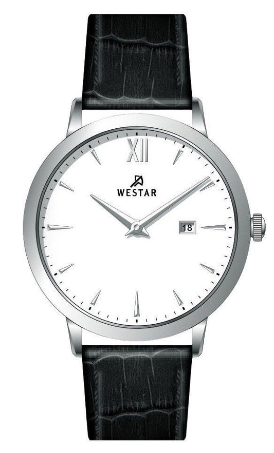 Westar Profile Date display White Leather Male 50214STN101. A brand-new Westar Profile watch featuring a White dial and a Leather strap. Side view.