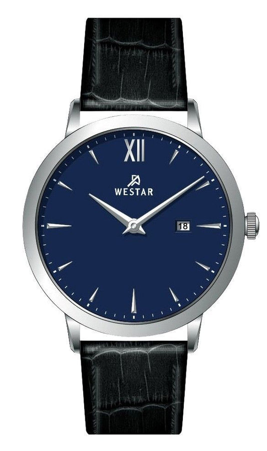 Westar Profile Date display Blue Leather Male 50214STN104. A brand-new Westar Profile watch featuring a Blue dial and a Leather strap. Side view.