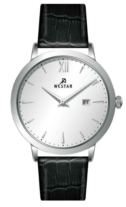 Westar Profile Date display Silver Leather Male 50214STN107. A brand-new Westar Profile watch featuring a Silver dial and a Leather strap. Front view.