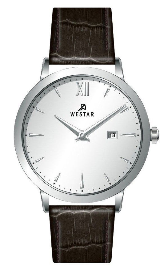 Westar Profile Date display Silver Leather Male 50214STN127. A brand-new Westar Profile watch featuring a Silver dial and a Leather strap. Front view.