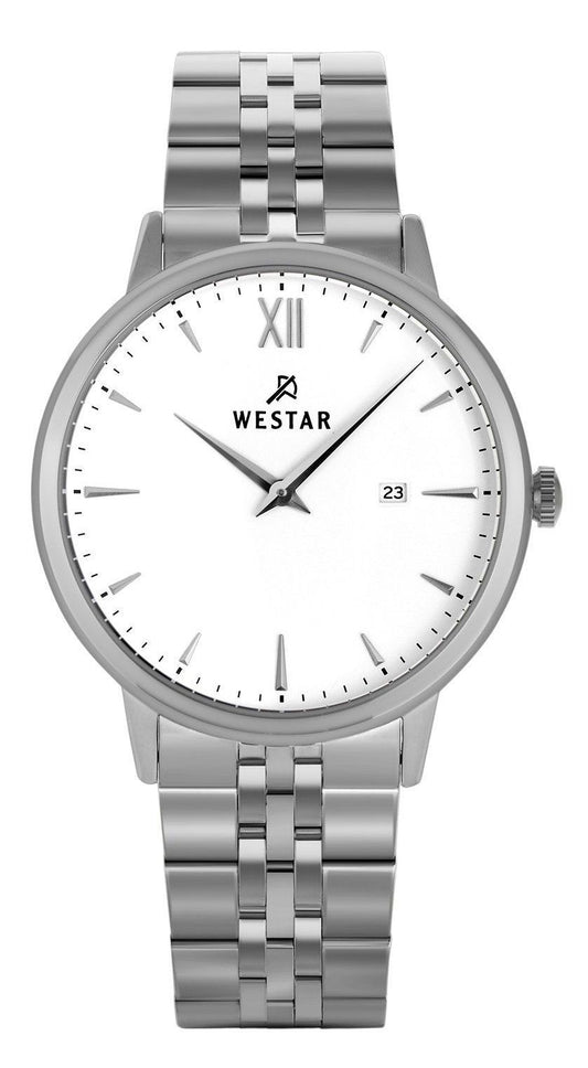Westar Profile Date display White Stainless steel Male 50215STN101. A brand-new Westar Profile watch featuring a White dial and a Stainless steel strap. Angled view.