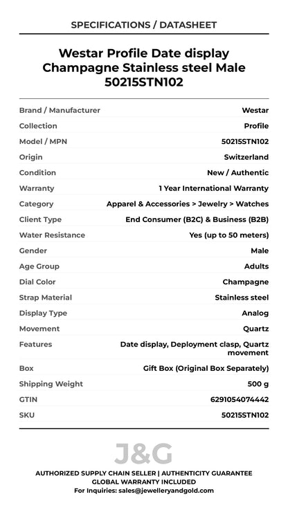 Westar Profile Date display Champagne Stainless steel Male 50215STN102 - Specifications