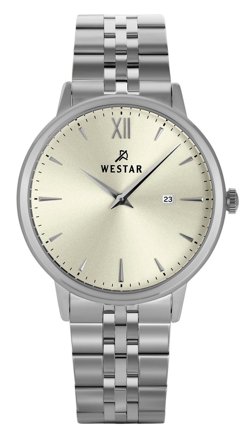 Westar Profile Date display Champagne Stainless steel Male 50215STN102. A brand-new Westar Profile watch featuring a Champagne dial and a Stainless steel strap. Front view.