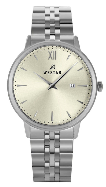 Westar Profile Date display Champagne Stainless steel Male 50215STN102. A brand-new Westar Profile watch featuring a Champagne dial and a Stainless steel strap. Front view.