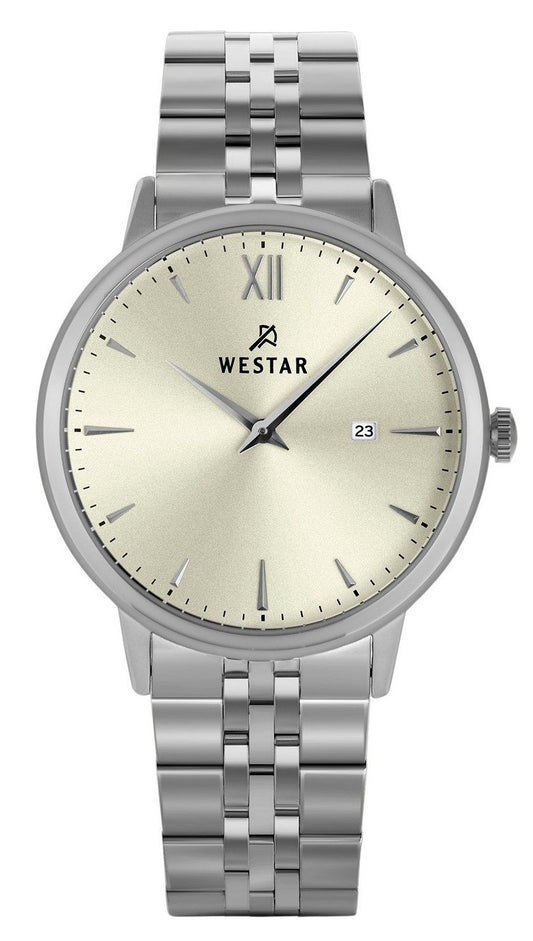 Westar Profile Date display Champagne Stainless steel Male 50215STN102. A brand-new Westar Profile watch featuring a Champagne dial and a Stainless steel strap. Front view.