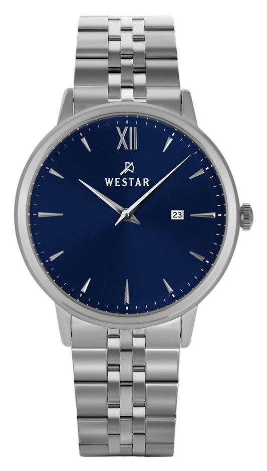 Westar Profile Date display Blue Stainless steel Male 50215STN104. A brand-new Westar Profile watch featuring a Blue dial and a Stainless steel strap. Front view.