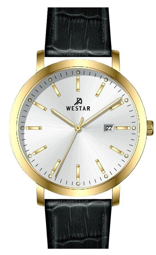Westar Profile Date display Silver Leather Male 50216GPN107. A brand-new Westar Profile watch featuring a Silver dial and a Leather strap. Side view.