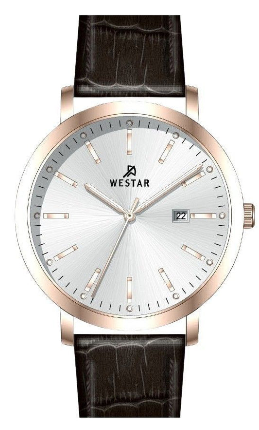 Westar Profile Date display Silver Leather Male 50216PPN627. A brand-new Westar Profile watch featuring a Silver dial and a Leather strap. Angled view.