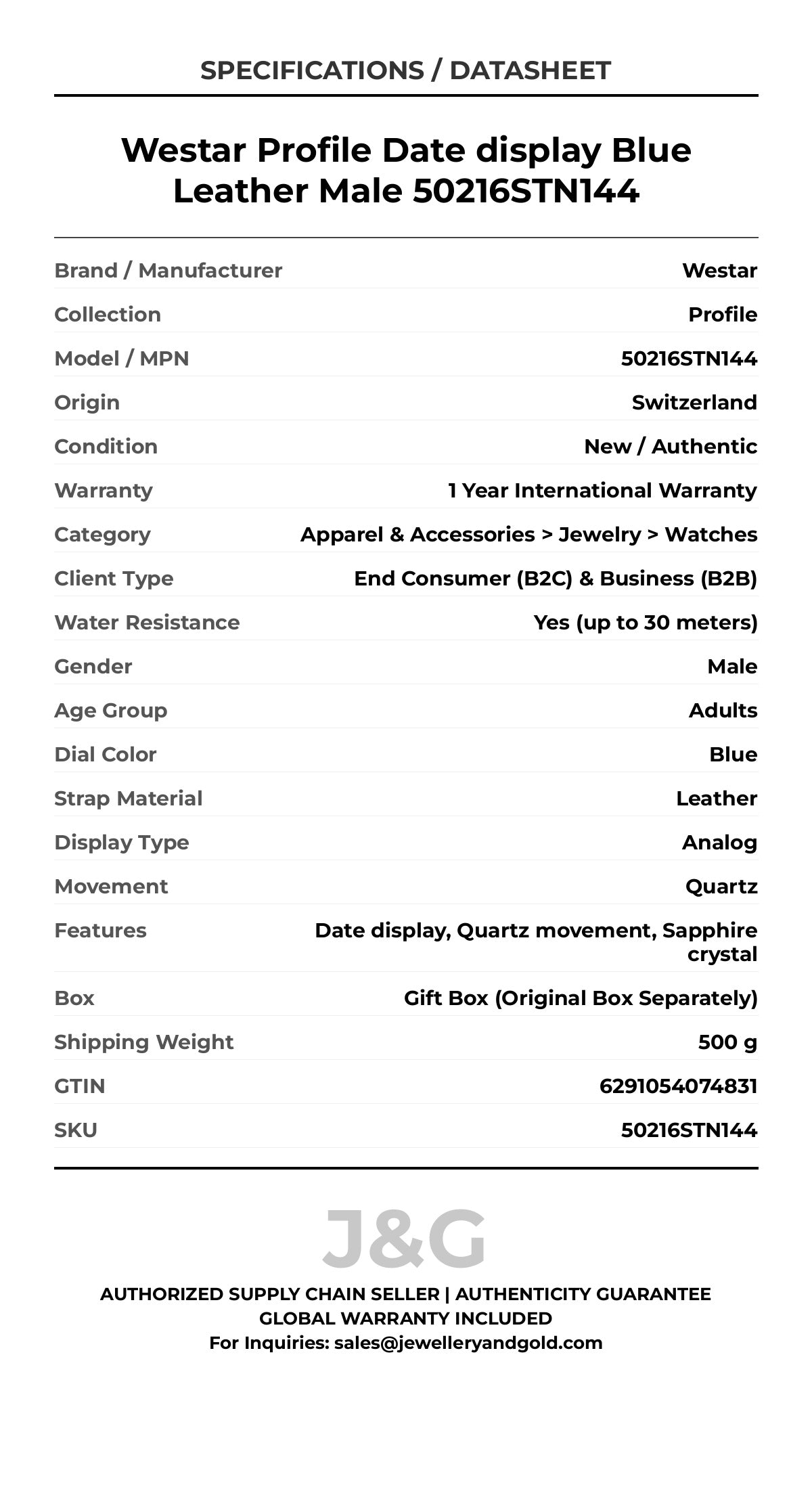 Westar Profile Date display Blue Leather Male 50216STN144 - Specifications
