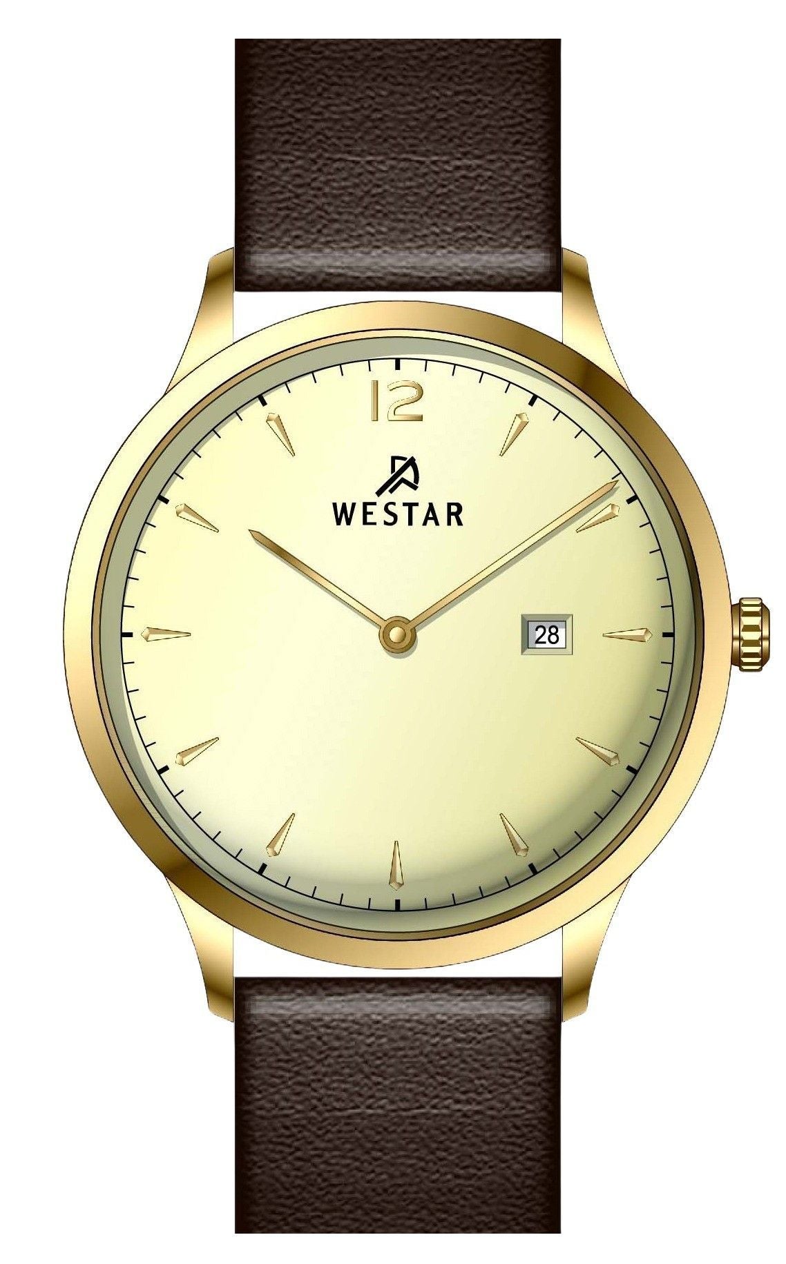 Westar Profile Date display Champagne Leather Male 50217GPN122. A brand-new Westar Profile watch featuring a Champagne dial and a Leather strap. Side view.