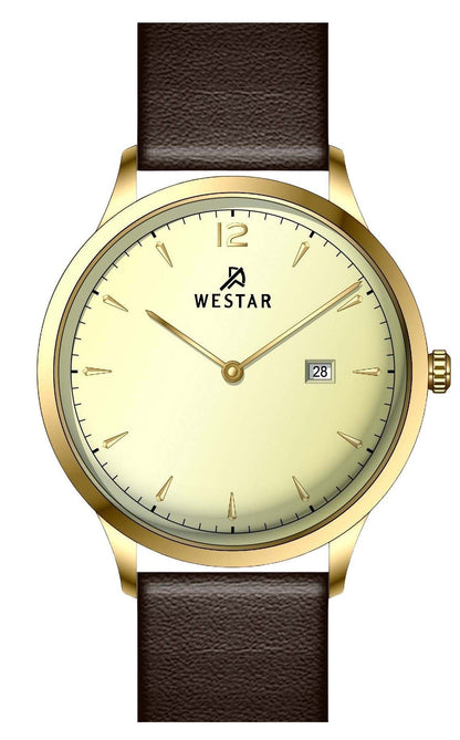 Westar Profile Date display Champagne Leather Male 50217GPN122. A brand-new Westar Profile watch featuring a Champagne dial and a Leather strap. Side view.