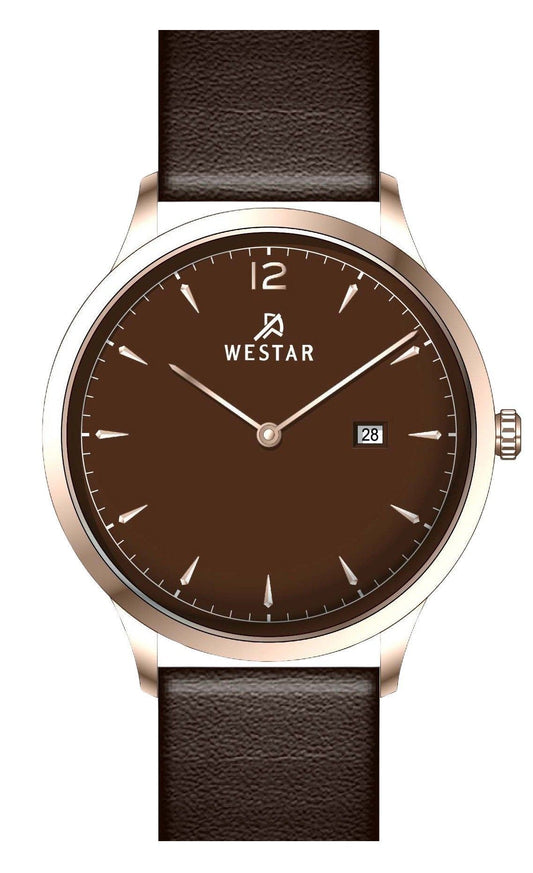 Westar Profile Date display White Leather Male 50217PPN620. A brand-new Westar Profile watch featuring a White dial and a Leather strap. Angled view.