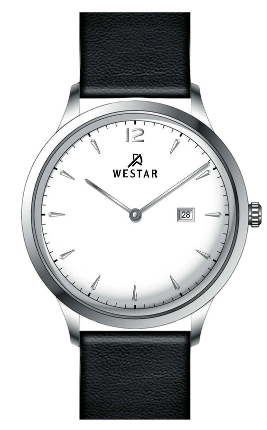 Westar Profile Date display White Leather Male 50217STN101. A brand-new Westar Profile watch featuring a White dial and a Leather strap. Front view.