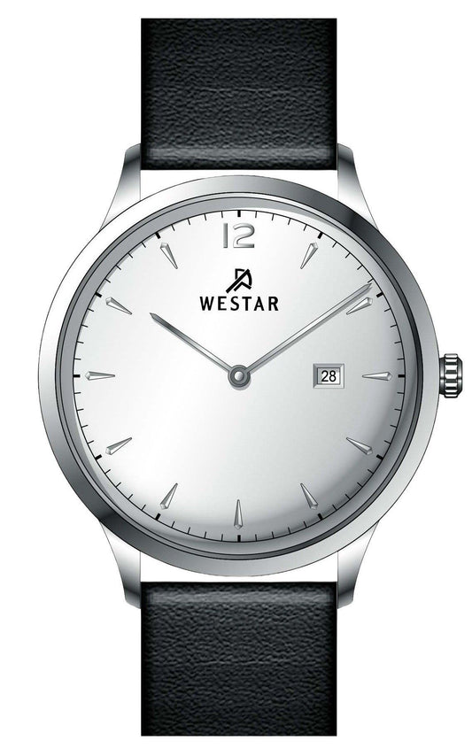 Westar Profile Date display Silver Leather Male 50217STN107. A brand-new Westar Profile watch featuring a Silver dial and a Leather strap. Side view.