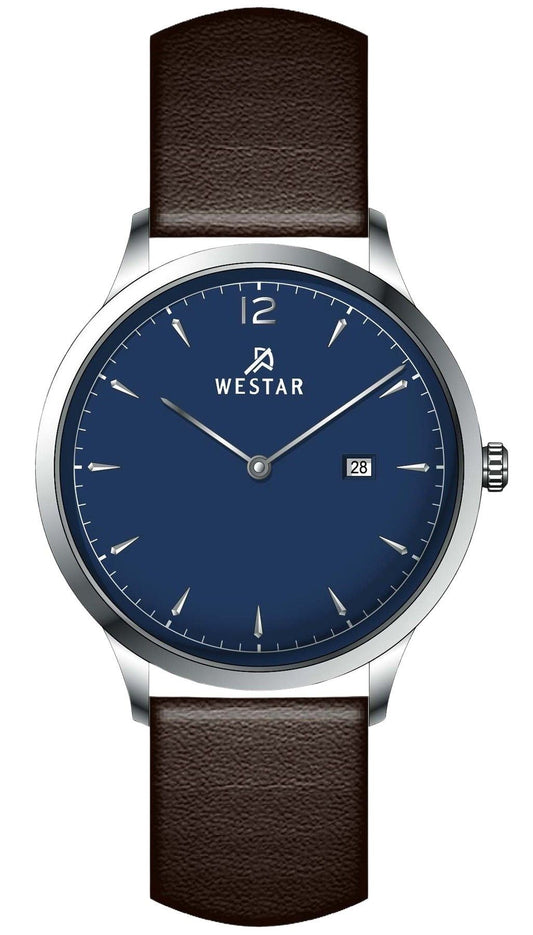 Westar Profile Date display Blue Leather Male 50217STN124. A brand-new Westar Profile watch featuring a Blue dial and a Leather strap. Angled view.