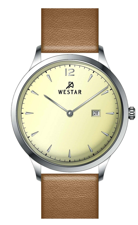 Westar Profile Date display Champagne Leather Male 50217STN182. A brand-new Westar Profile watch featuring a Champagne dial and a Leather strap. Angled view.