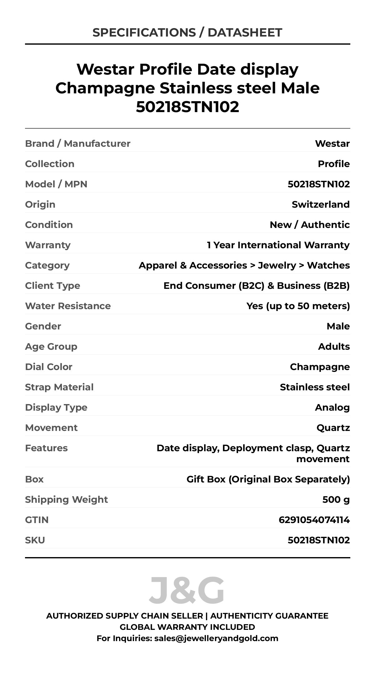 Westar Profile Date display Champagne Stainless steel Male 50218STN102 - Specifications