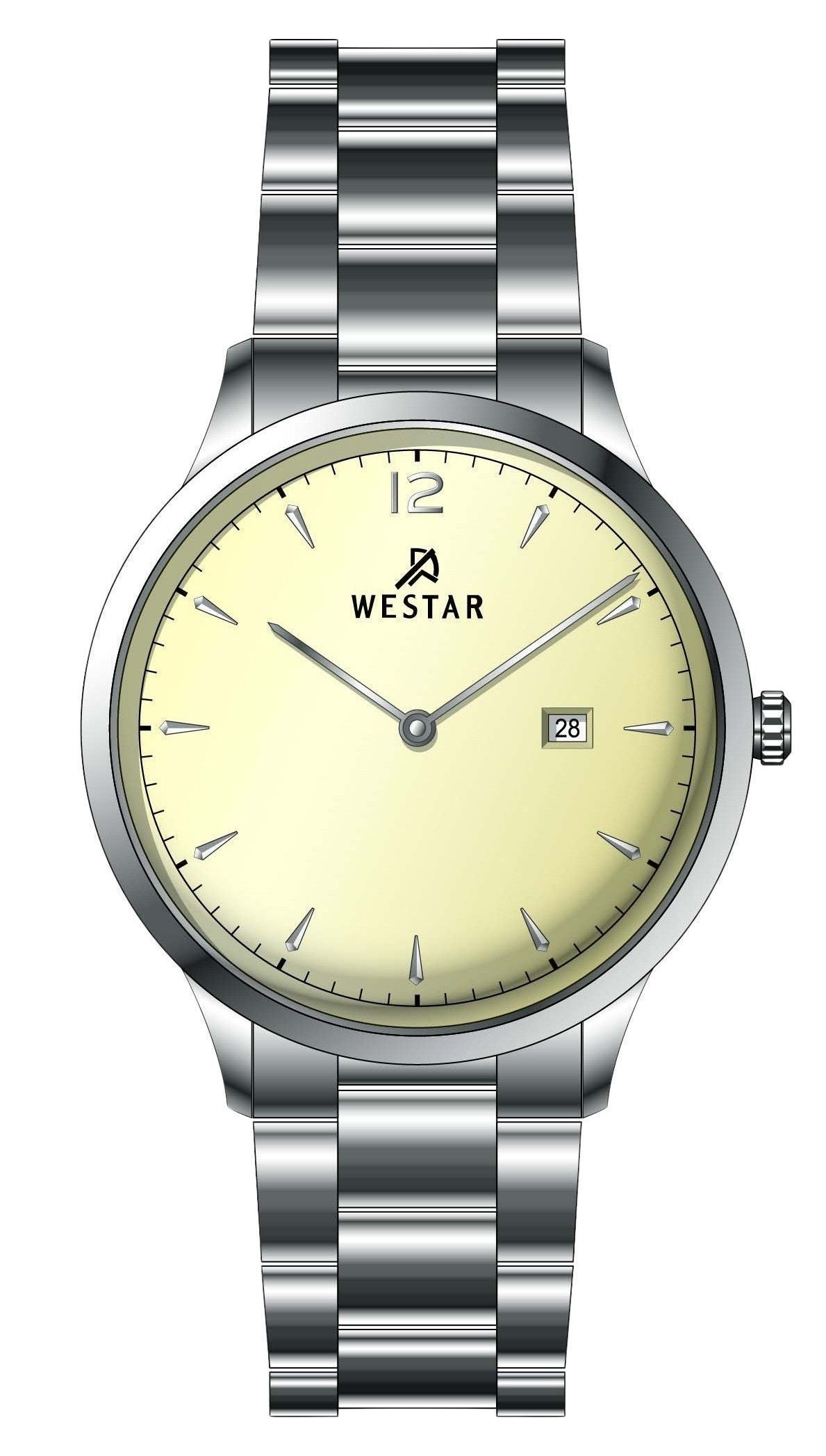 Westar Profile Date display Champagne Stainless steel Male 50218STN102. A brand-new Westar Profile watch featuring a Champagne dial and a Stainless steel strap. Front view.