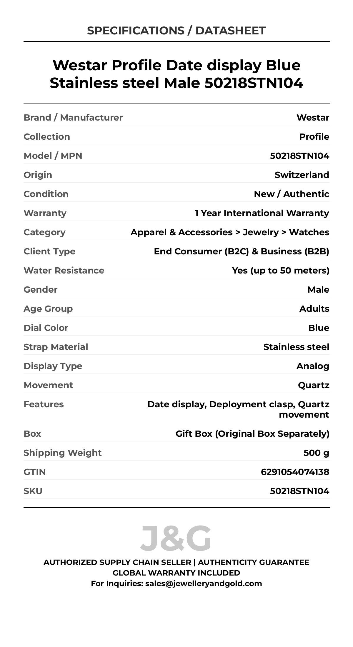 Westar Profile Date display Blue Stainless steel Male 50218STN104 - Specifications