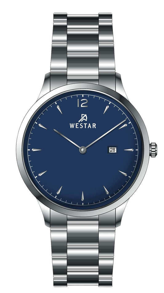 Westar Profile Date display Blue Stainless steel Male 50218STN104. A brand-new Westar Profile watch featuring a Blue dial and a Stainless steel strap. Side view.