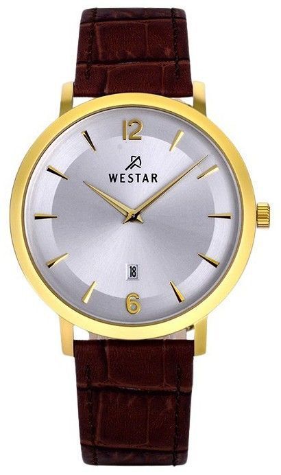 Westar Profile Date display Silver Leather Male 50219GPN127. A brand-new Westar Profile watch featuring a Silver dial and a Leather strap. Side view.