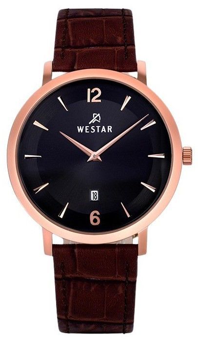 Westar Profile Date display Black Leather Male 50219PPN623. A brand-new Westar Profile watch featuring a Black dial and a Leather strap. Angled view.