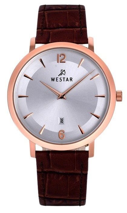 Westar Profile Date display Silver Leather Male 50219PPN627. A brand-new Westar Profile watch featuring a Silver dial and a Leather strap. Angled view.