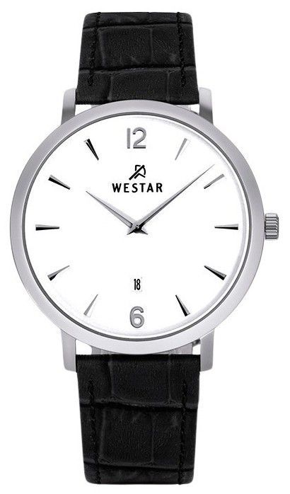 Westar Profile Quartz movement White Leather Male 50219STN101. A brand-new Westar Profile watch featuring a White dial and a Leather strap. Angled view.