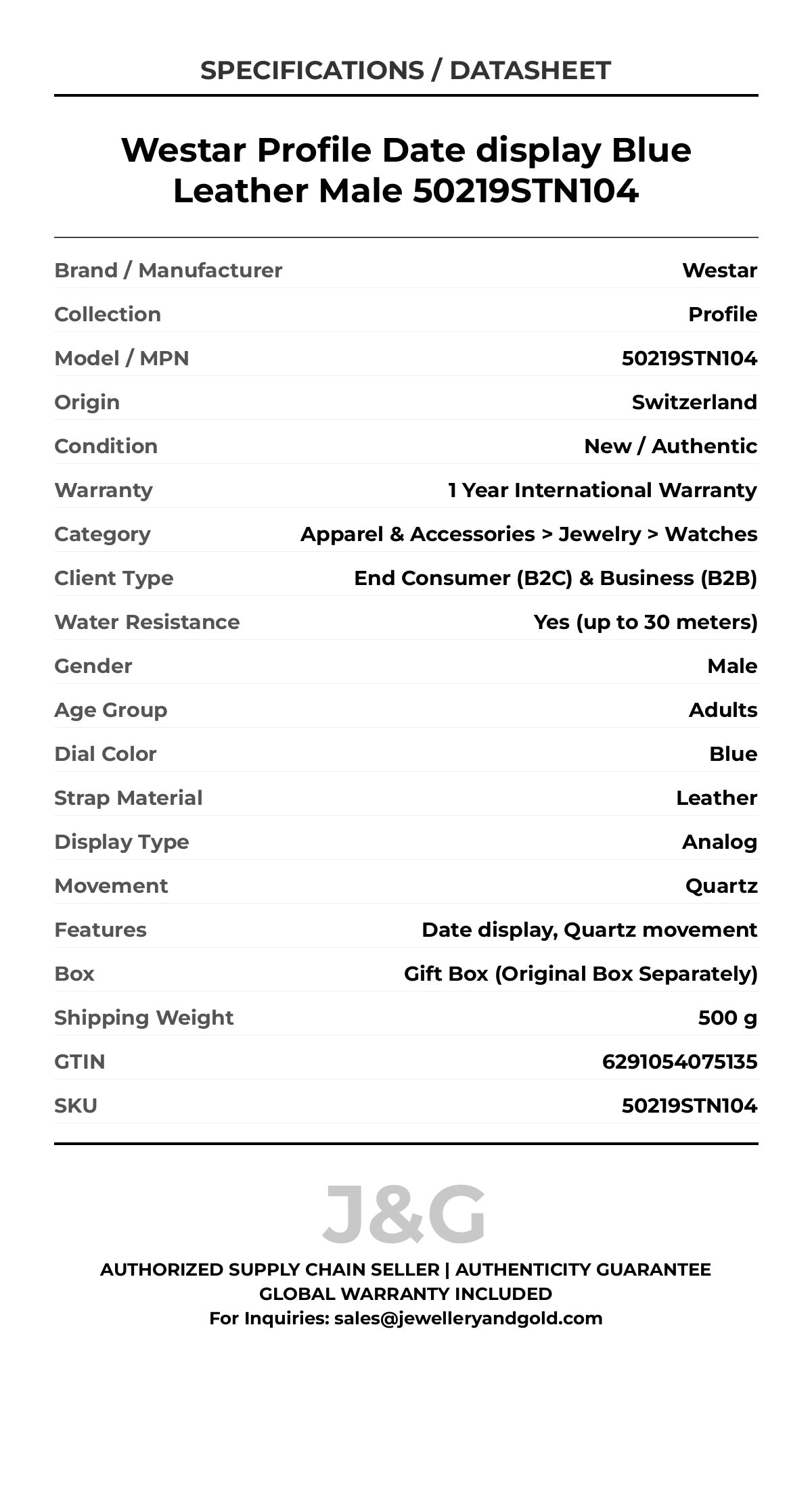 Westar Profile Date display Blue Leather Male 50219STN104 - Specifications