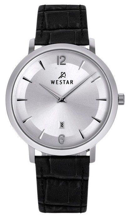 Westar Profile Date display Silver Leather Male 50219STN107. A brand-new Westar Profile watch featuring a Silver dial and a Leather strap. Front view.