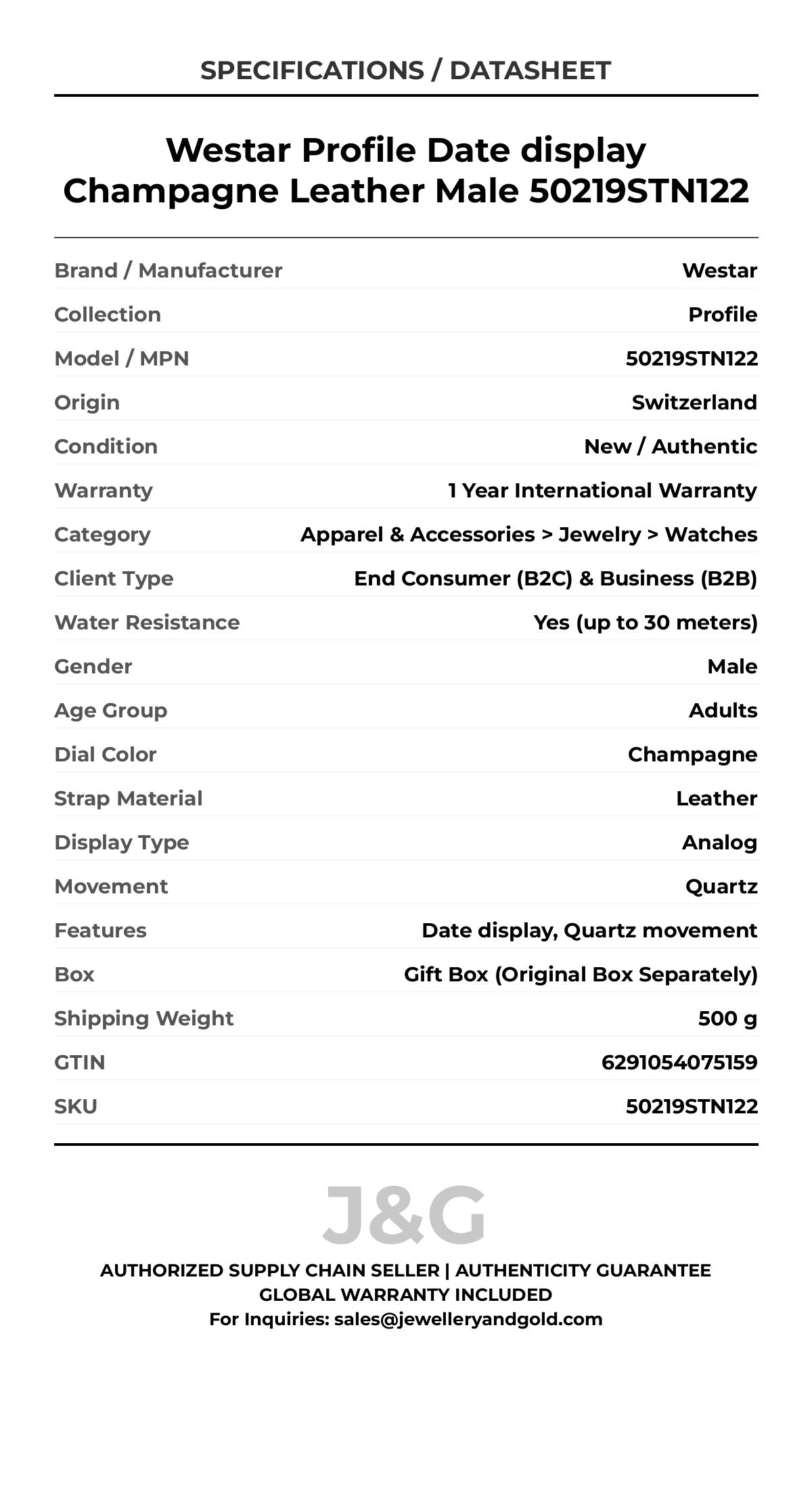 Westar Profile Date display Champagne Leather Male 50219STN122 - Specifications