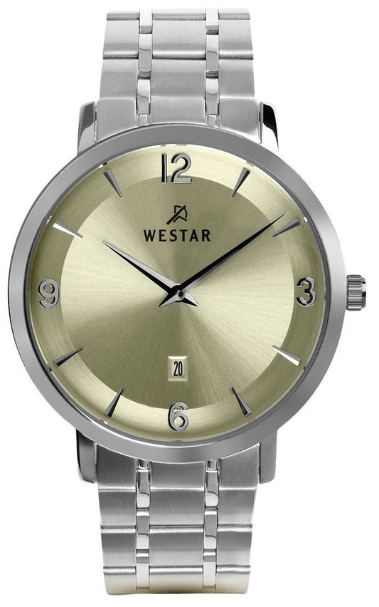 Westar Profile Date display Champagne Stainless steel Male 50220STN102. A brand-new Westar Profile watch featuring a Champagne dial and a Stainless steel strap. Front view.