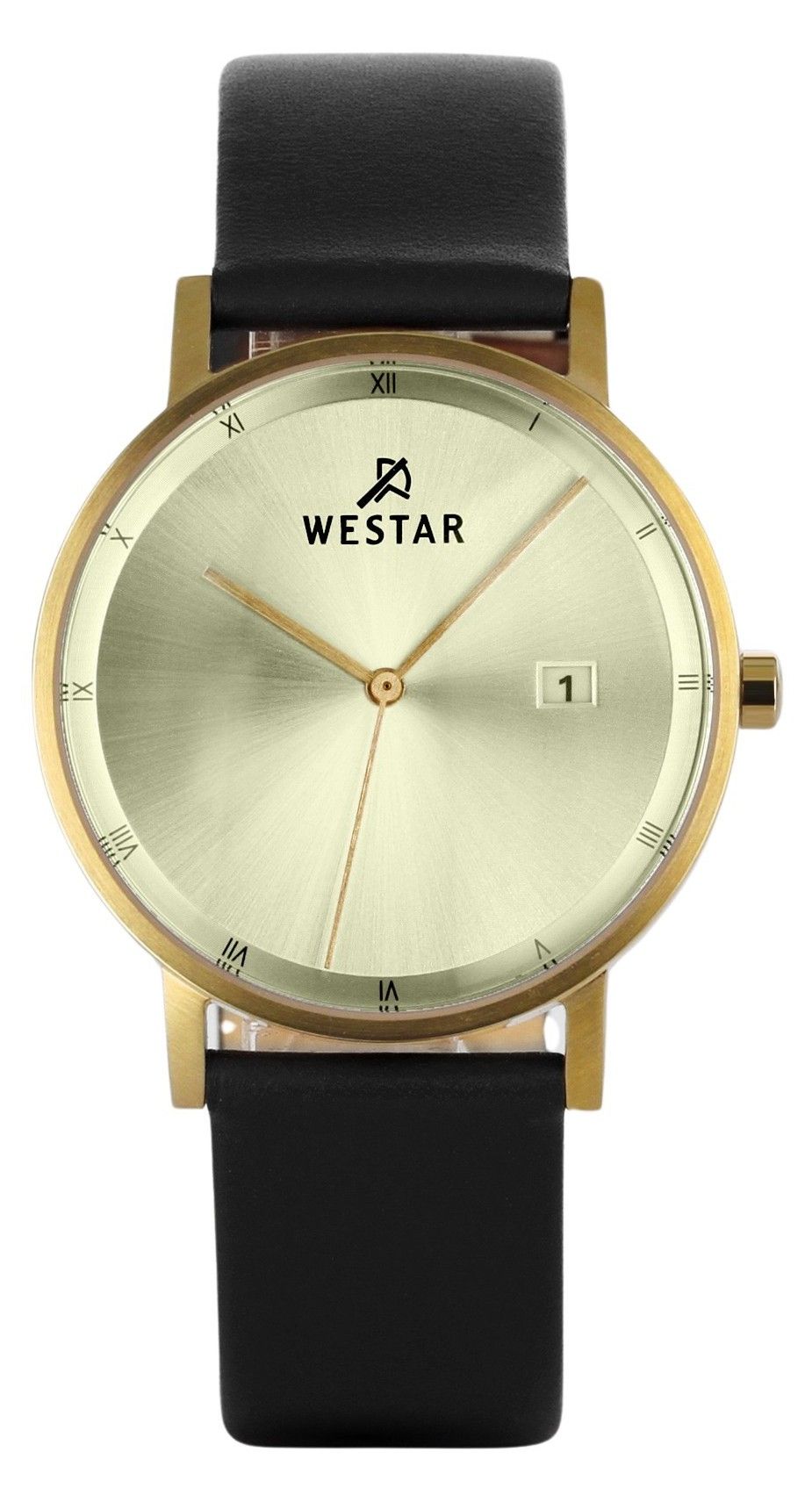 Westar Profile Date display Champagne Leather Male 50221GPN102. A brand-new Westar Profile watch featuring a Champagne dial and a Leather strap. Side view.