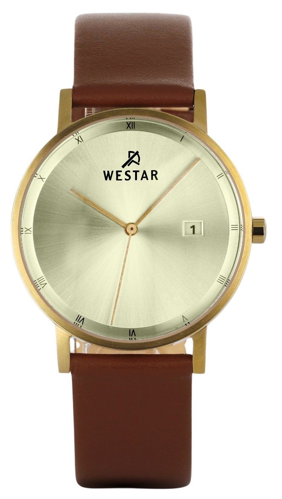 Westar Profile Date display Champagne Leather Male 50221GPN122. A brand-new Westar Profile watch featuring a Champagne dial and a Leather strap. Front view.