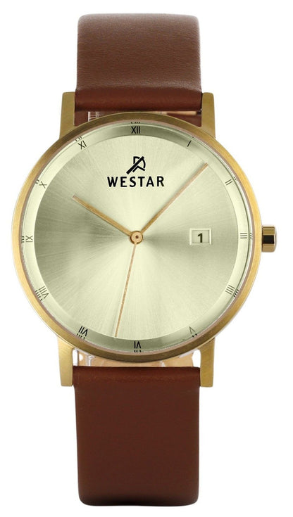 Westar Profile Date display Champagne Leather Male 50221GPN122. A brand-new Westar Profile watch featuring a Champagne dial and a Leather strap. Front view.