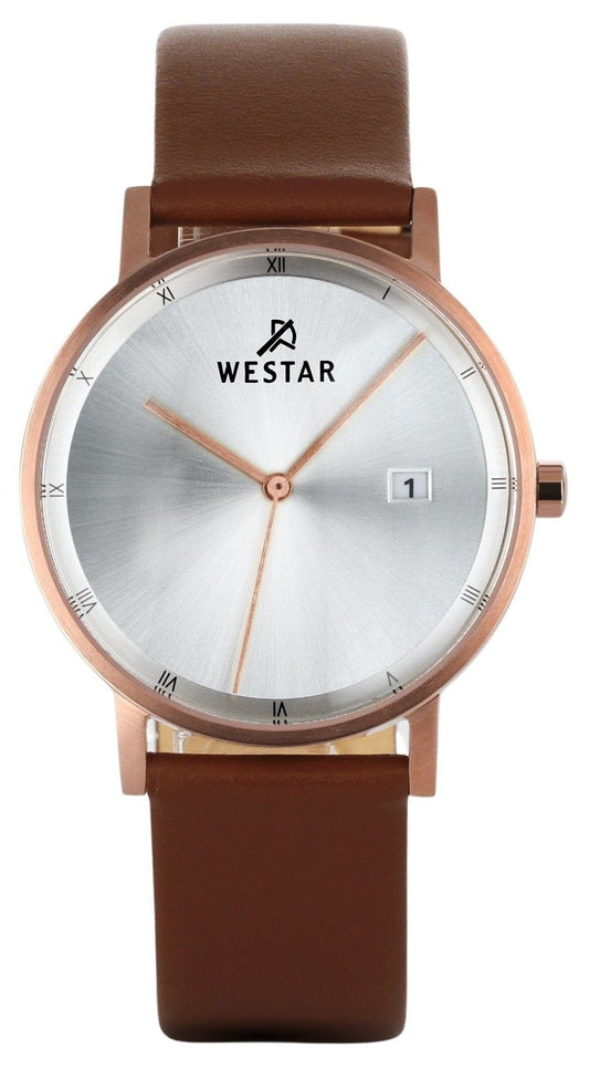 Westar Profile Date display Silver Leather Male 50221PPN627. A brand-new Westar Profile watch featuring a Silver dial and a Leather strap. Front view.