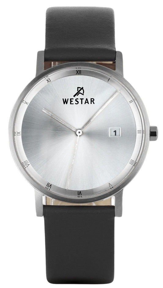 Westar Profile Date display Silver Leather Male 50221STN107. A brand-new Westar Profile watch featuring a Silver dial and a Leather strap. Angled view.