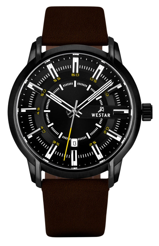 Westar Profile Date display Black Leather Male 50228BBN523. A brand-new Westar Profile watch featuring a Black dial and a Leather strap. Front view.
