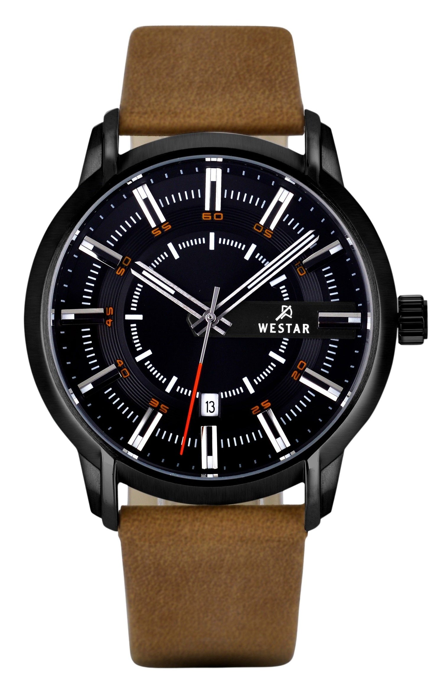 Westar Profile Date display Black Leather Male 50228STN883. A brand-new Westar Profile watch featuring a Black dial and a Leather strap. Angled view.