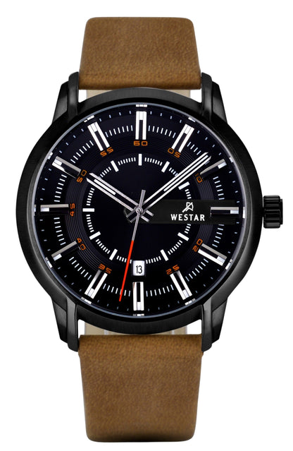 Westar Profile Date display Black Leather Male 50228STN883. A brand-new Westar Profile watch featuring a Black dial and a Leather strap. Angled view.