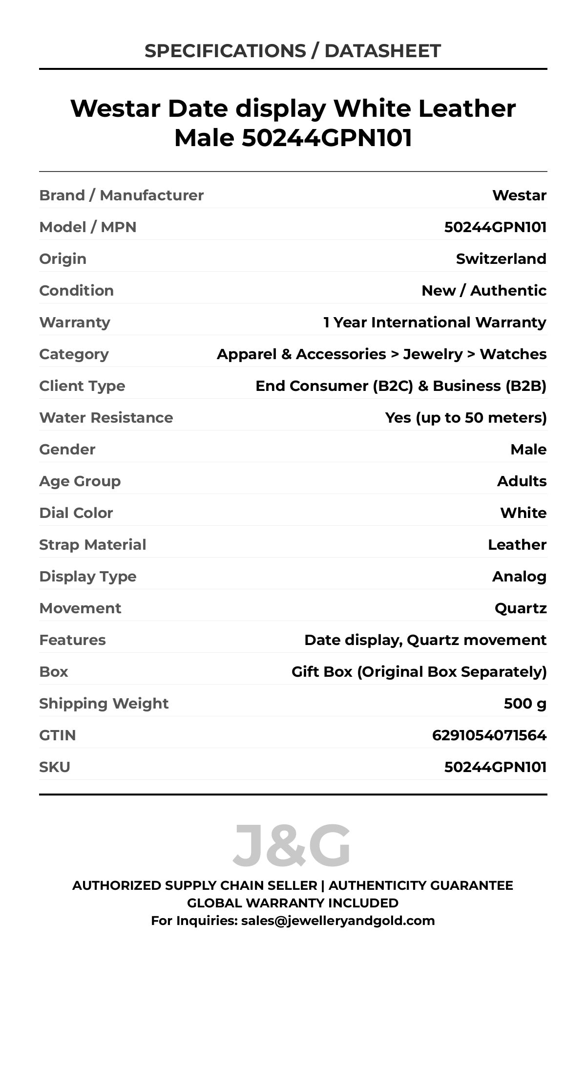 Westar Date display White Leather Male 50244GPN101 - Specifications