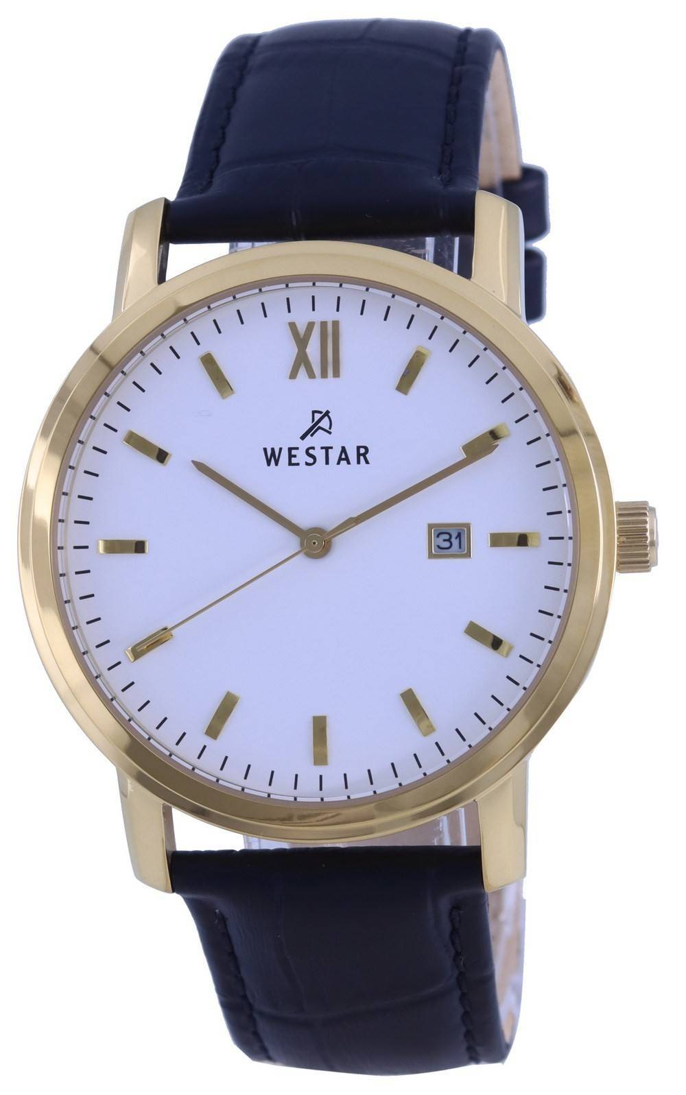 Westar Date display White Leather Male 50244GPN101. A brand-new Westar watch featuring a White dial and a Leather strap. Side view.