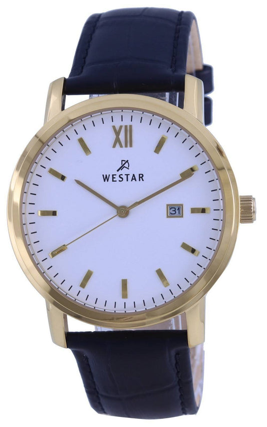 Westar Date display White Leather Male 50244GPN101. A brand-new Westar watch featuring a White dial and a Leather strap. Side view.