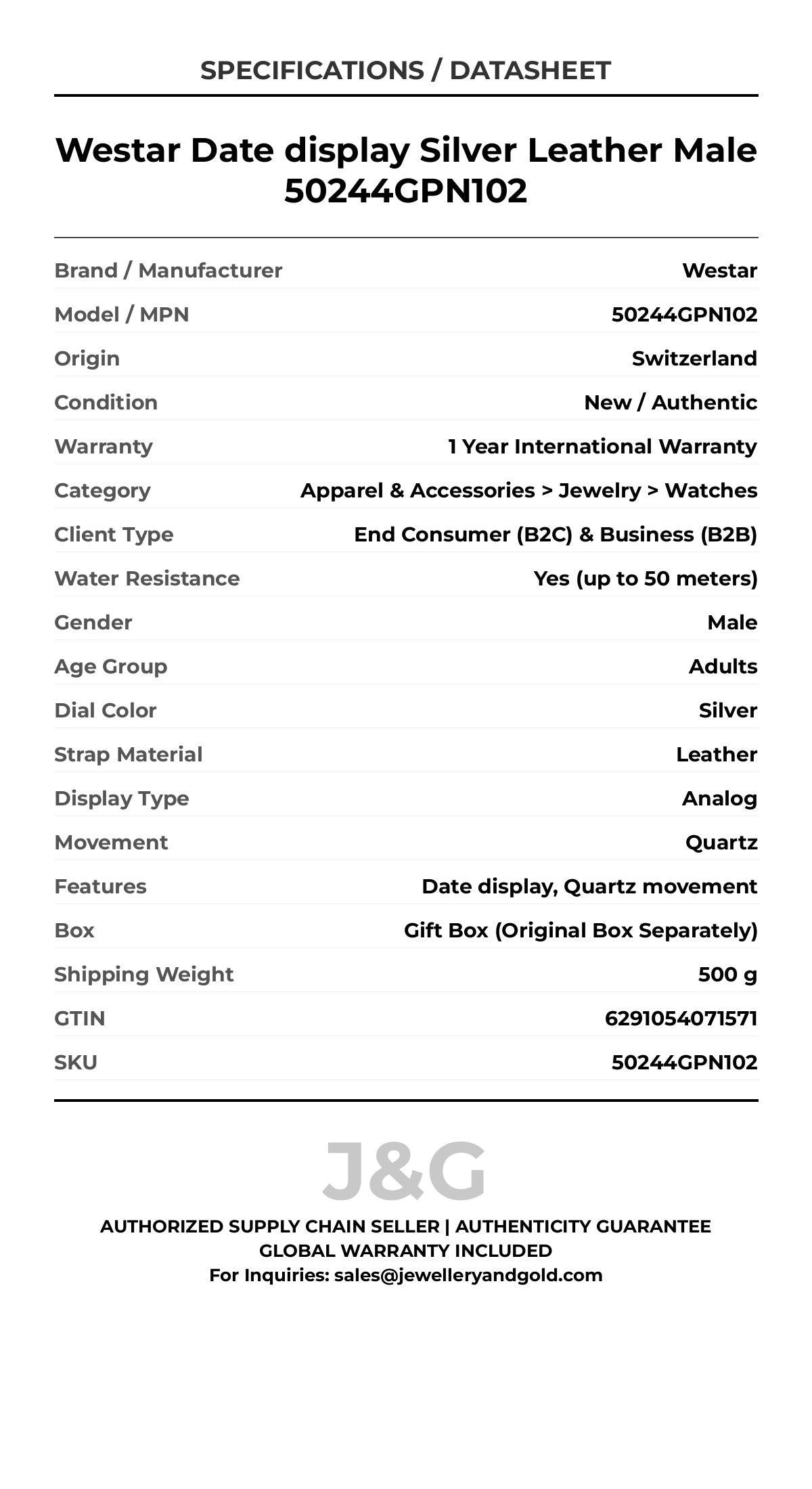 Westar Date display Silver Leather Male 50244GPN102 - Specifications